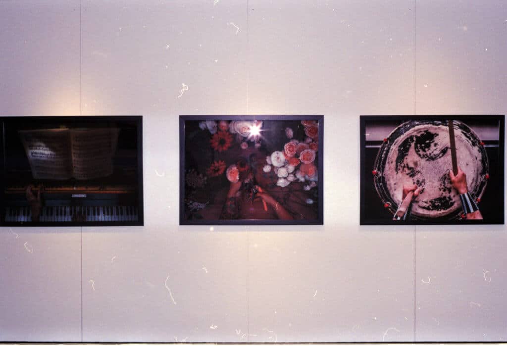 In a quiet corner of the gallery, a stark white wall becomes a canvas for memory and emotion, adorned with three framed photographs. To the left, sheet music lies atop an aged piano, its pages fluttering as if whispering secrets of melodies long played. The center photograph bursts forth with the vibrancy of blooming flowers, their colors beckoning to seasons past and heartbeats quickened by beauty. On the right, hands dance over a drum’s surface, frozen in mid-beat—an ode to rhythm and connection that transcends time and space. Each image speaks in its own language yet collectively they weave a narrative of harmony through life's subtle diversities.