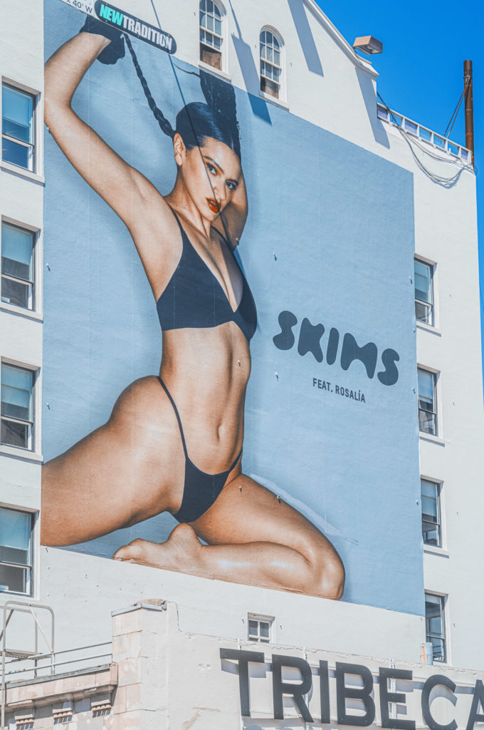 An immense billboard clung to the side of a weathered building, an assertive fixture in the urban landscape. Its surface showcased an advertisement for SKIMS, with Rosalía emerging from it like a beacon. She stood there, draped in black lingerie, striking a confident pose against a backdrop awash in cerulean blue. Below this spectacle, almost an afterthought and yet essential to its setting, dangled a sign bearing the single word: "TRIBECA." The letters proclaimed their presence as if whispering secrets about the neighborhood’s storied past and vibrant present.