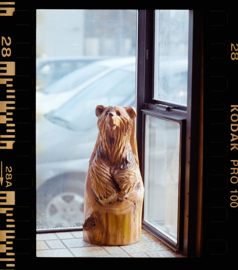 A wooden bear rests quietly on the floor, its carved form leaning slightly towards the light streaming in from a nearby window. Its surface, textured with the intricate grain of unvarnished wood, invites a touch that connects one to nature's own hand. The bear holds an uncanny realism—a palpable presence—despite its inanimate state. Through the glass beyond, the world moves indistinctly; parked cars languish in an unfocused haze, their existence merely implied. Edging this moment captured on film are faint Kodak imprints—an inadvertent testament to a past era and its technology, framing not just an image but also memories subtly preserved in amber tones of nostalgia.